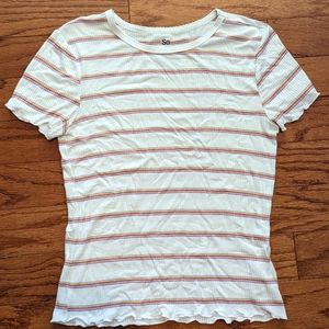 SO lettuce trim white striped shirt - medium - ruffle edge - pink yellow stripes